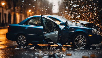 Fototapeta premium The moment two cars collide. Pieces of debris fly in different directions.