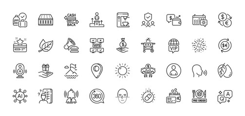 360 degrees, Fireworks explosion and Sun energy line icons pack. AI, Question and Answer, Map pin icons. Avatar, Brand, Gas grill web icon. Human sing, Mineral oil, Card pictogram. Vector