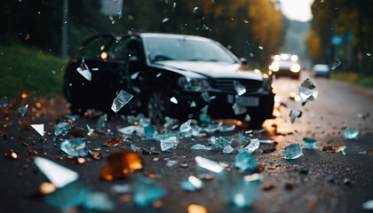 The moment two cars collide. Pieces of debris fly in different directions.