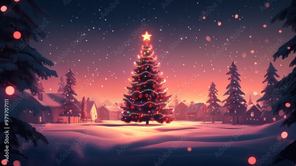 Poster a christmas tree is lit up in a snowy field