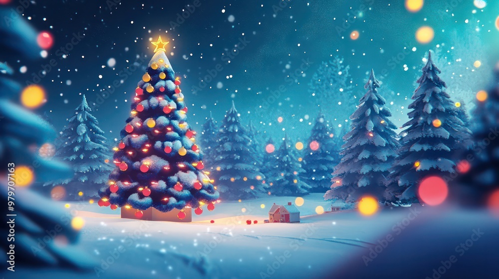 Poster a christmas tree is surrounded by snow and trees in a winter landscape