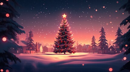 Naklejka premium A Christmas tree is lit up in a snowy field