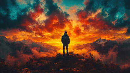 Obraz premium A lone figure standing on a hilltop, silhouetted against a fiery orange sunset