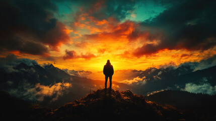 Obraz premium A lone figure standing on a hilltop, silhouetted against a fiery orange sunset
