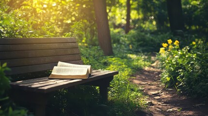 Naklejka premium Bible resting on a rustic wooden bench in a garden, light filtering through the trees, symbolizing peace in prayer