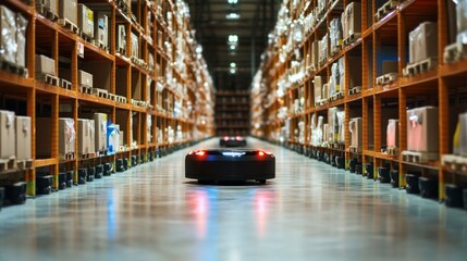 Automated Robots in High-Tech Warehouse, showcasing cutting-edge logistics technology, seamless navigation through aisles, enhancing efficiency and productivity in operations