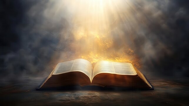 Bible with pages being illuminated by a beam of heavenly light, symbolizing divine revelation