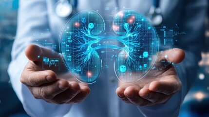 Close-up view of hands holding a digital kidney illustration, with blue medical data and graphs
