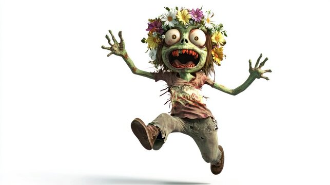 A cute zombie with a childlike expression, wearing a colorful wreath of lilies and daisies, jumping playfully on a white background.