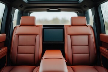 A high-end car interior with a rear-seat entertainment system