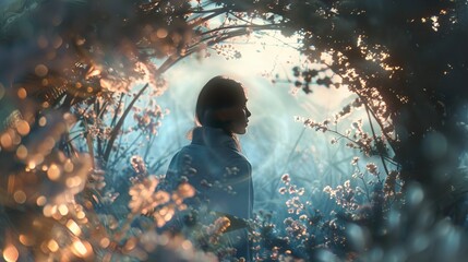 Obraz premium A woman stands in a forest with a dreamy, ethereal glow, framed by branches and light.
