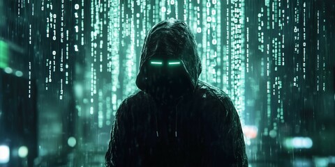 Mysterious hooded figure surrounded by green Matrix code, glowing yellow eyes, and dark background for a futuristic, tech-driven look
