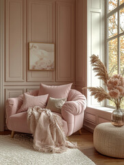 Pink armchair in a cozy room with a fluffy rug and a large window.