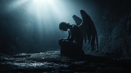A dark, dramatic depiction of a fallen angel with torn wings, kneeling on a rocky surface, illuminated by a faint light from above.