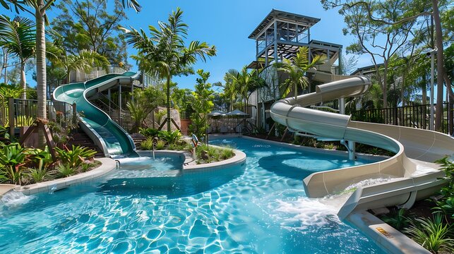 A playground with water slides including a water slide and a plunge pool