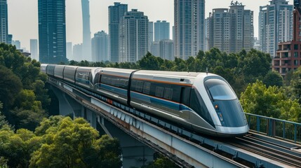 Naklejka premium Modern train travels along elevated track in urban landscape, showcasing advanced transportation technology amidst city skyline.