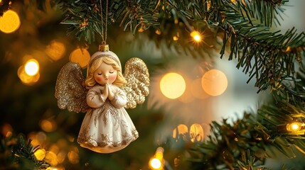 Obraz premium A delicate, hand-painted angel ornament hanging on a Christmas tree, with warm fairy lights in the background.