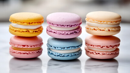 set of colorful macarons on plate natural, clean composition, 