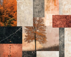 Autumn landscape collage with bright orange trees and textured patterns in a calm outdoor setting