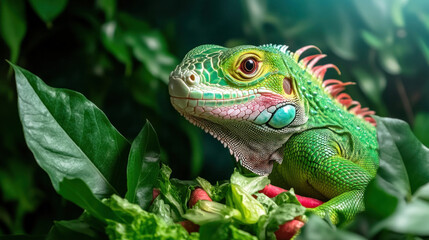 Fototapeta premium A reptile owner carefully feeding their exotic pet iguana fresh vegetables, ensuring proper care and diet