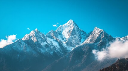 Fototapeta premium Majestic Snow-Capped Peaks Under Clear Blue Sky, breathtaking mountain landscape showcasing towering, pristine summits, serene atmosphere, inviting exploration and adventure.