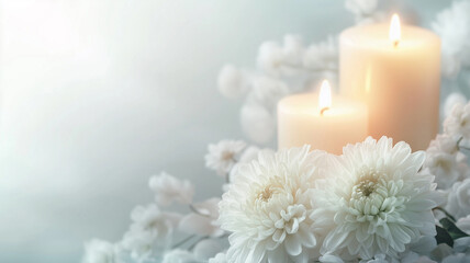simple background for all saint's day with chrysanthemum and some candles, soft tones. Background mockup mock-up for all Saints Day or All Souls' Day. Background with copy space.