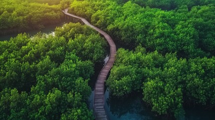 Fototapeta premium A wide-angle shot of a mangrove forest with a wooden boardwalk meandering through the trees, offering a scenic view of the rich biodiversity and lush greenery.