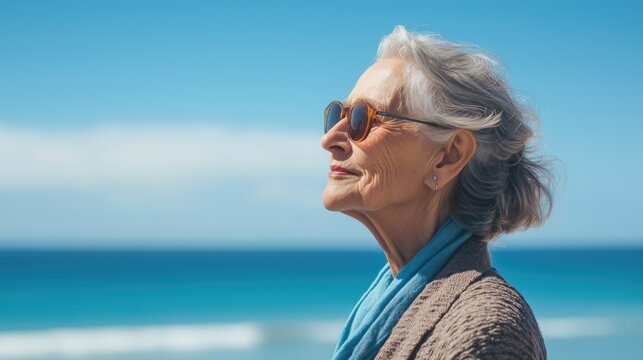 Stylish senior woman with grey hair standing proudly on the sea shore or ocean coast wearing sunglasses