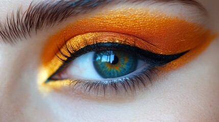 Close-up of a woman's eye with vibrant orange eyeshadow and black eyeliner.