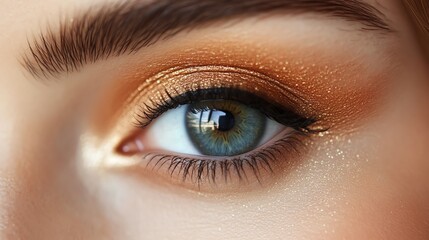 Obraz premium Close-up of a woman's eye with blue eyes and gold glitter eyeshadow.