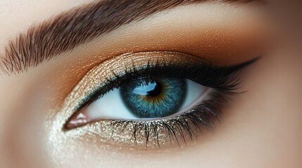 Fototapeta premium Closeup of a woman's eye with blue contact lenses and makeup.