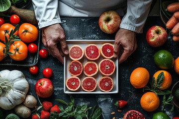 A man is holding a plate of grapefruit in front of a table full of fruit