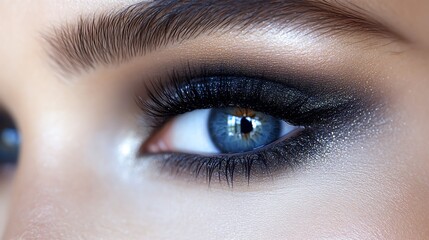 Fototapeta premium Close-up of a woman's blue eye with dramatic smoky eye makeup.