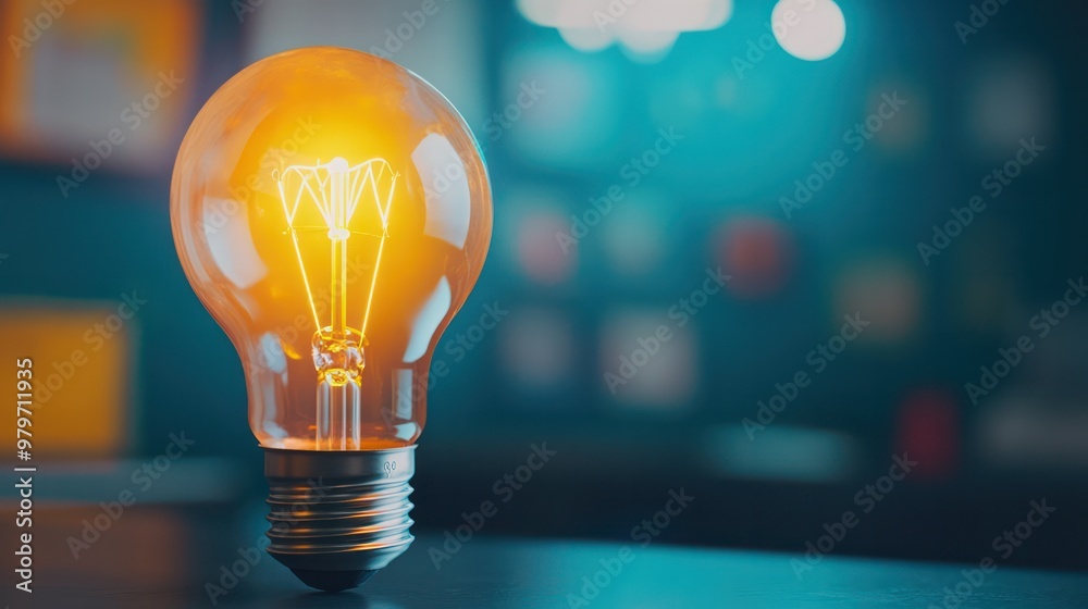 Poster a light bulb is lit up and is sitting on a table