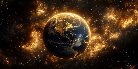 Obraz premium Abstract planetary background, Earth floating in space with glowing highlights, sci-fi theme for digital or print backgrounds, cosmic space wallpaper