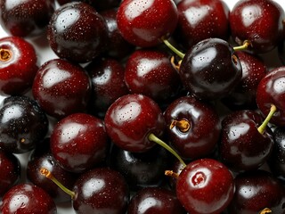 Fresh black cherries on a white background.