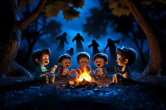 A group of children telling ghost stories around a campfire, while shadows dance ominously on the trees around them