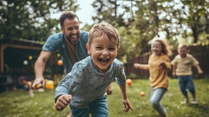 Fototapeta premium A family enjoying a playful moment in their backyard.