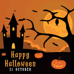 Halloween poster with castle, moon, bat, and pumpkins.
