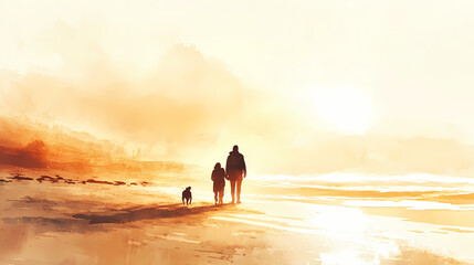 Create a digital watercolor painting of a couple walking their dog along a sunlit beach, with soft, warm colors and gentle brushwork. Warm Colors. Illustration