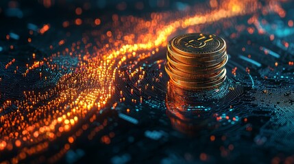 Digital Wealth Management Concept with 3D Coin Stack and Data Streams on Copy Space Background.