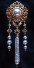 Elegant vintage hairpin adorned with pearls and intricate gold detailing, perfect for bridal or formal styling.