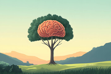 Illustration of a tree growing tall and brain, representing growth from a strong mindset.