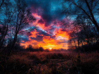 Fototapeta premium Bare trees silhouetted against a vibrant winter sunset, the sky glowing orange and purple over a frosty field