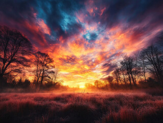 Fototapeta premium Bare trees silhouetted against a vibrant winter sunset, the sky glowing orange and purple over a frosty field