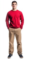 Fototapeta premium Khakis Fashion: Casual Young Man in Khakis and Red Long Sleeve Shirt