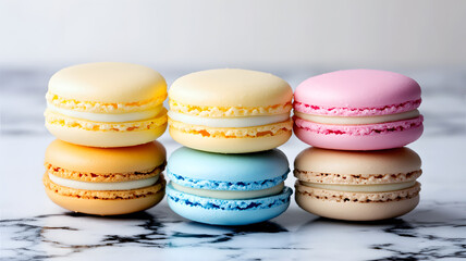 Obraz premium colorful macarons stacked on a marble surface, soft lighting, vibrant pastels, food photography