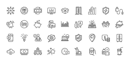 Accounting report, Coffee and Engineering team line icons pack. AI, Question and Answer, Map pin icons. Electric app, Luggage belt, Restaurant food web icon. Vector
