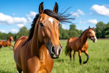 Fototapeta premium Farm animals like horses trotting in a paddock, their manes blowing in the wind