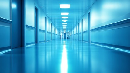 Blue Hospital Corridor With Fluorescent Lights